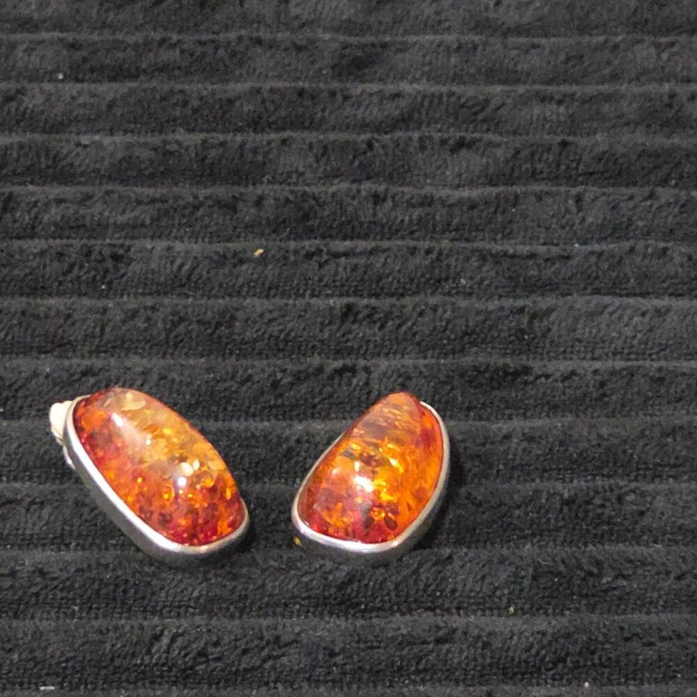 Vintage Faux Amber Necklace Clip On Earrings Set Silver Tone Teardrop Shimmer - Picture 13 of 16